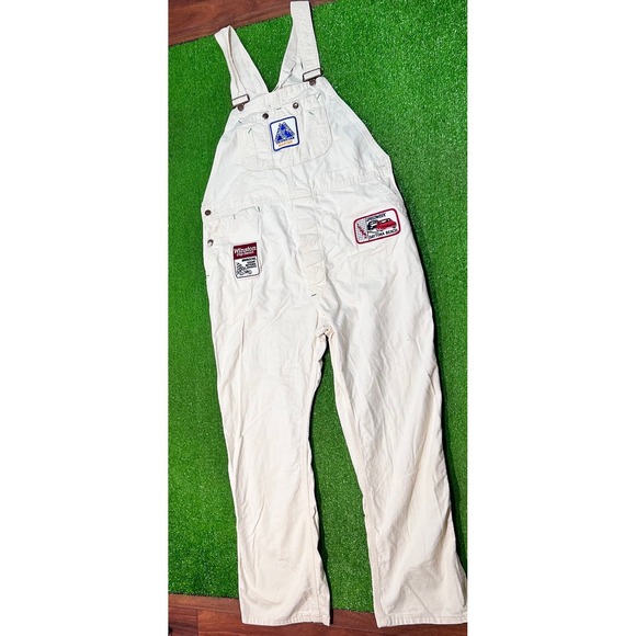Vintage  Wrangler Bib Overalls 42 x 32 Cream 90s Chevy‎ NASCAR Daytona Patches - Picture 3 of 16